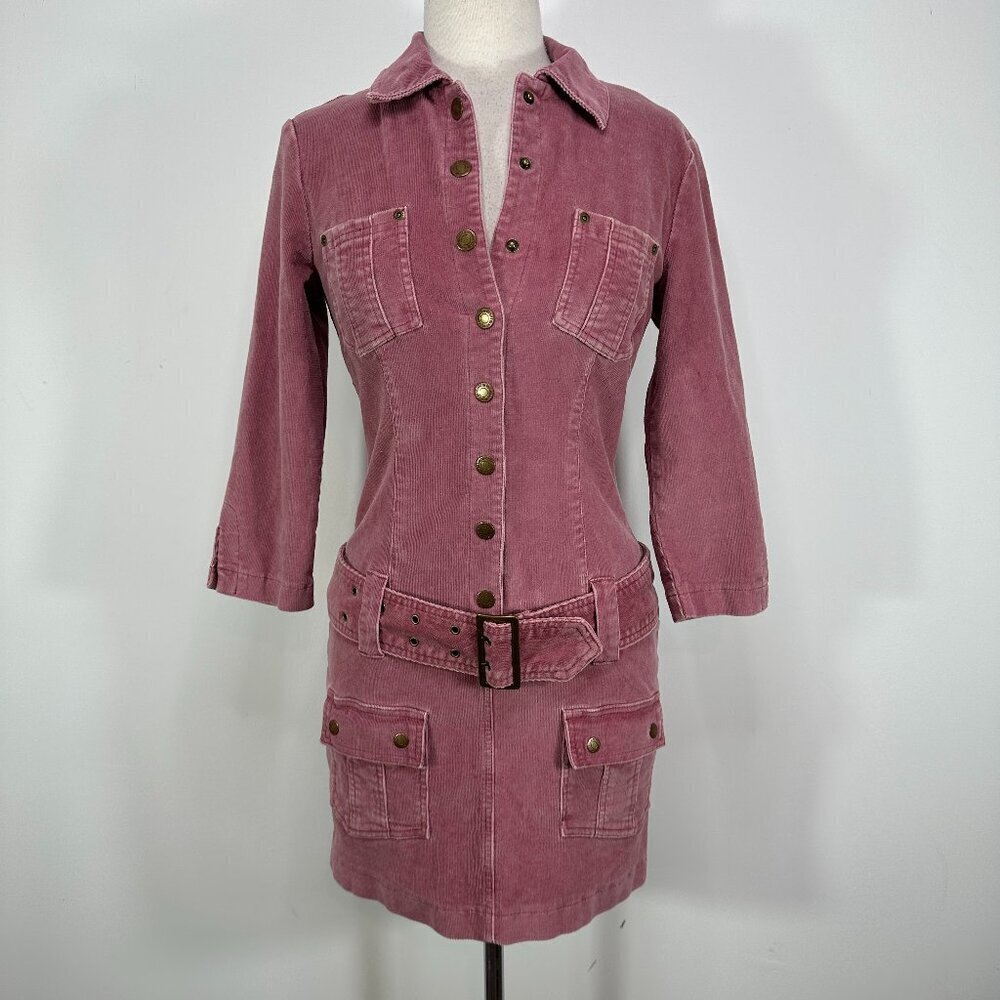 Y2K Hot Kiss Corduroy Dress Dusty Pink Retro Festival Drop Waist Zip Sz Small